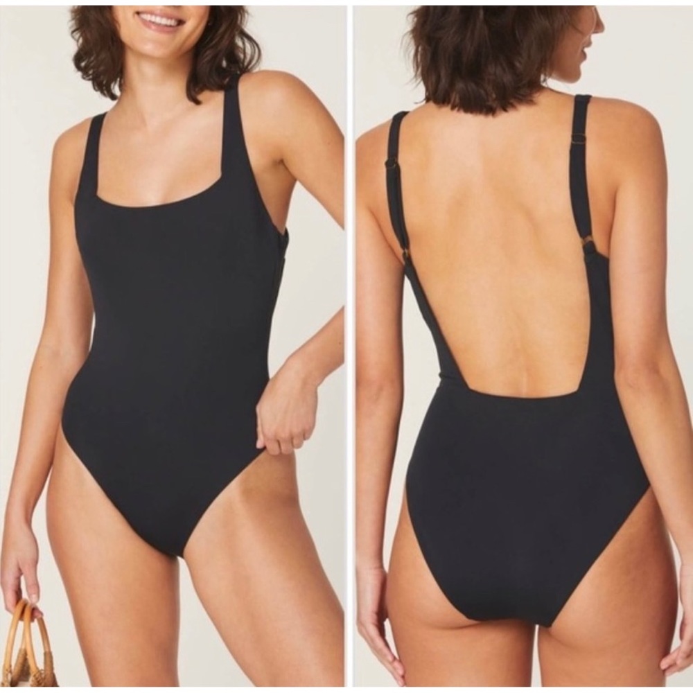 NWT Andie The Rye One Piece L Black Square Neckline Swimsuit Open Back